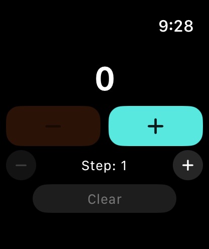 TapTapCount on Apple Watch with count, plus and minus buttons, step controls, and Clear